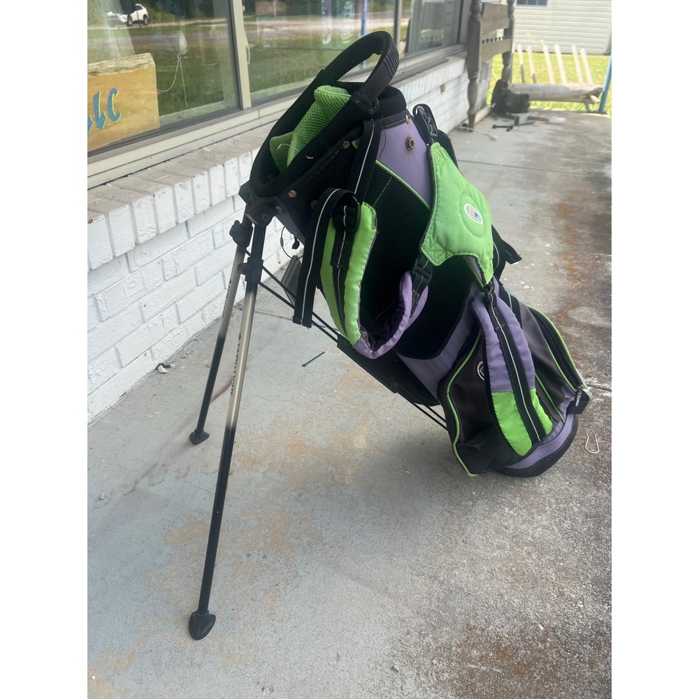 US Kids Golf Junior Stand Bag Purple Lime Green Lightweight Dual Strap USKG57